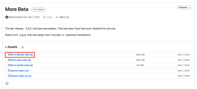Macの場合は日本語版ダウンロードページの「Git-it-darwin-x64 」をクリック、ダウンロードします。