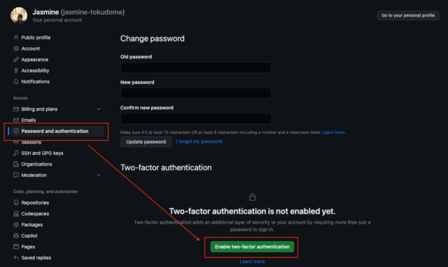 「Password and authentication(パスワードと認証)」、 「Enable two-factor authentication(2要素認証を有効にする)」をクリック