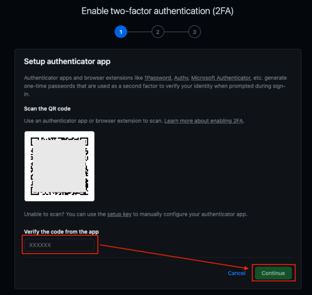 QRコードを読み込み、スマートフォンに表示された確認コードを入力、continueをクリック