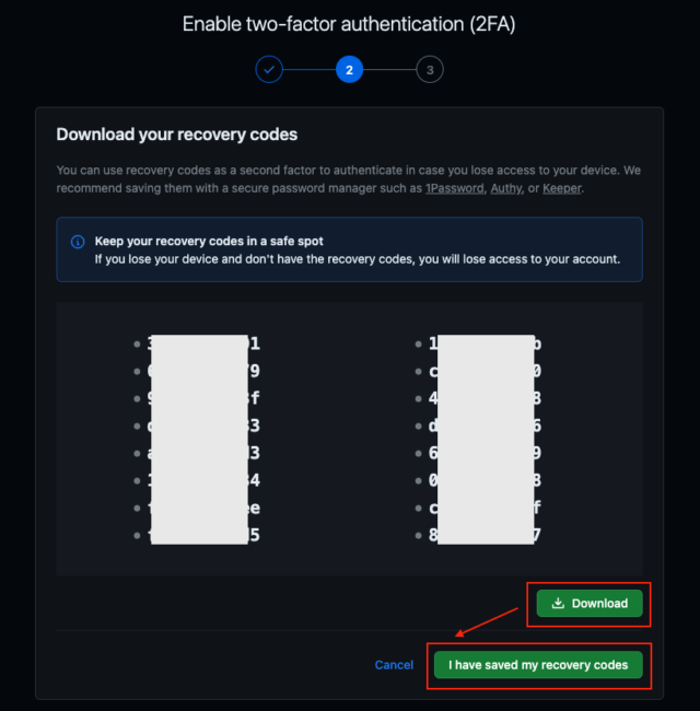 「Download」、続いて「I have Saved my recovery codes(リカバリコードを保存しました)」をクリック
