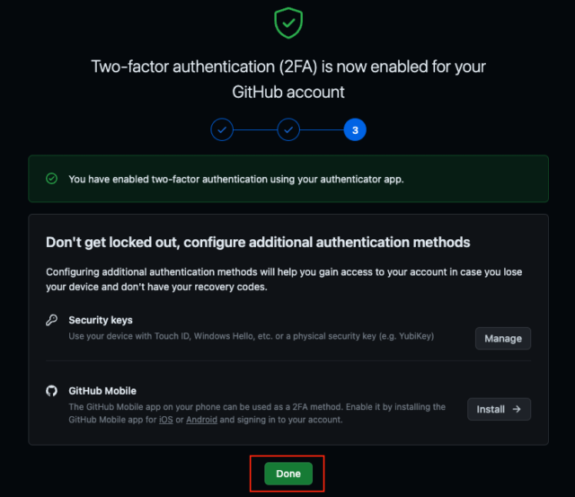 「Done」 をクリックし完了。その他の設定も合わせて行う場合は適宜おすすめください。
